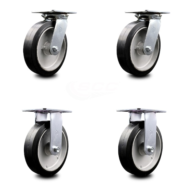 8 Inch Rubber on Aluminum Caster Set with Ball Bearings 2 Swivel 2 Rigid SCC